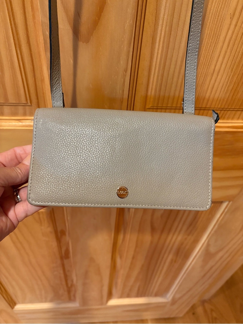 Lodis Audrey Leather Crossbody Sling/Wallet Purse grey/Tan EUC